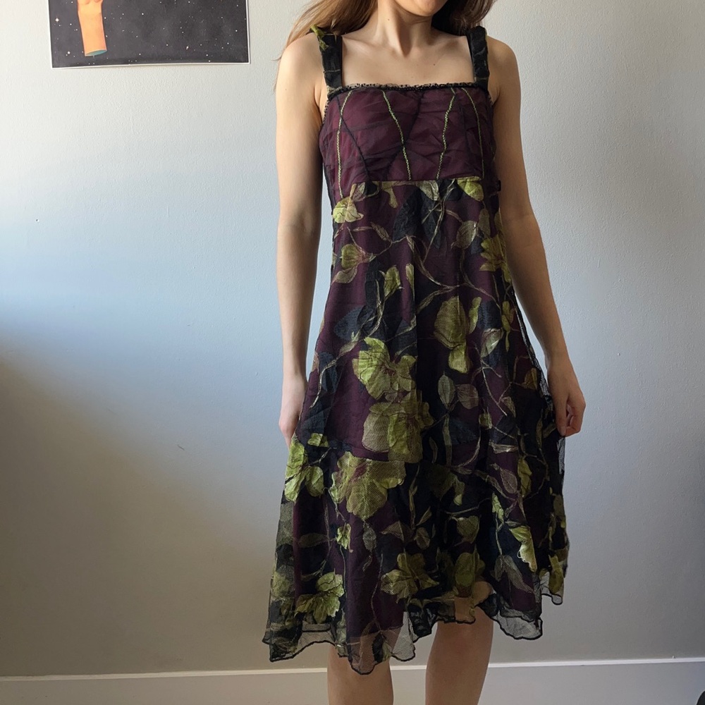 Floral A-Line Midi Dress in Plum Purple sheer overlay with green leaf patterns